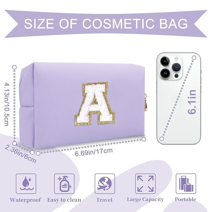 Personalized Makeup Bag Initial A-Z Preppy Patch Bag,Small PU Leather Travel Cosmetic Bag Pouch with Zipper,Purple Cute Toiletry Bag,Gift Ideal for Teen Girls Women Birthday Friend Mom,Latter A
