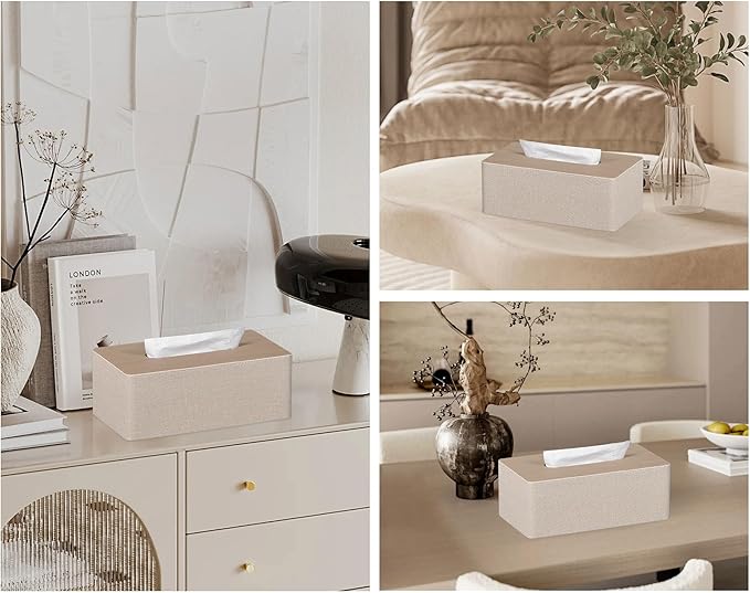 Tissue Box Cover Rectangular 9.8"(L) x 5.3"(W) x 4.3"(H) Refined Modern PU Leather Facial Tissue Dispenser Box Holder for Dresser Bathroom Decorative (Beige)
