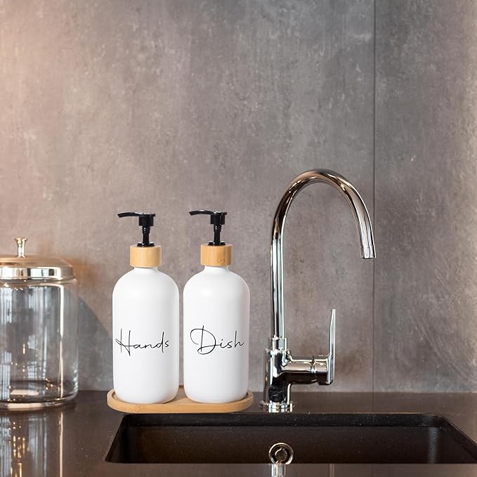 17 oz Hand Soap Dispenser Empty Glass Lotion Pump Bottles, Refillable Liquid Dish Soap Bottles for Bathroom, Kitchen Sink, White, 2 Pack