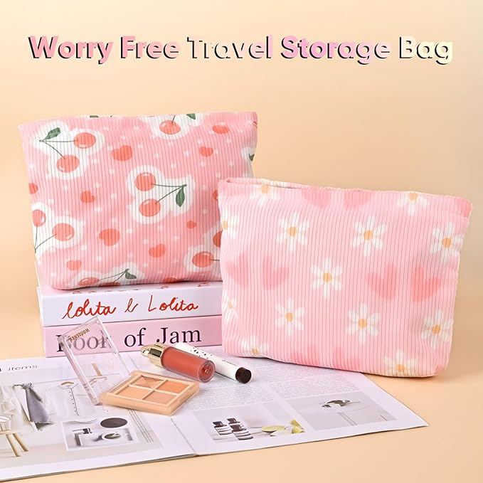 Cute Cherry Makeup Pouch for Women Red Heart Small Make Up Bag for Purse Zipper Initial Makeup Cosmetic Bags Pouches for Purse Aesthetic Travel Toiletry Bags, Pink Cherries Hearts