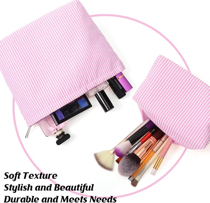 2 Pcs Makeup Bag Set Cute Cosmetic Pouch for Women Seersucker Travel Toiletry Bag Preppy Small Makeup Purse Pouch Aesthetic Skincare Brushes Storage Organizer for Valentine Women(Pink)