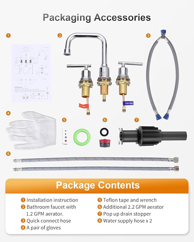 WOWOW Widespread Bathroom Faucet Chrome 8 inch Bathroom Sink Faucet Adjustable 3 Pieces Basin Faucets 360° Swivel Spout Modern Lavatory Faucet Vanity Faucets Water Supply Lines Quick Install Pipe