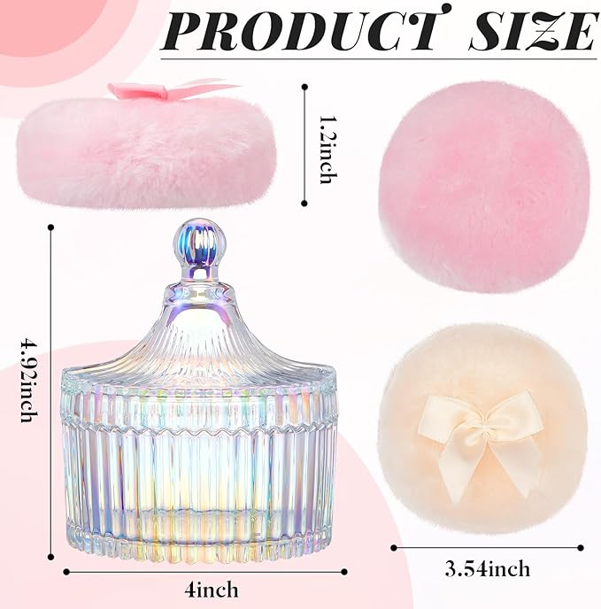 Tioncy 3 Pcs Large Body Powder Puff and Container Valentine's Day gift Powder Container with Puff Crystal Case Soft Washable Reusable Velour Face Body Glitter Wet Dry Makeup(Classic,Dazzling)