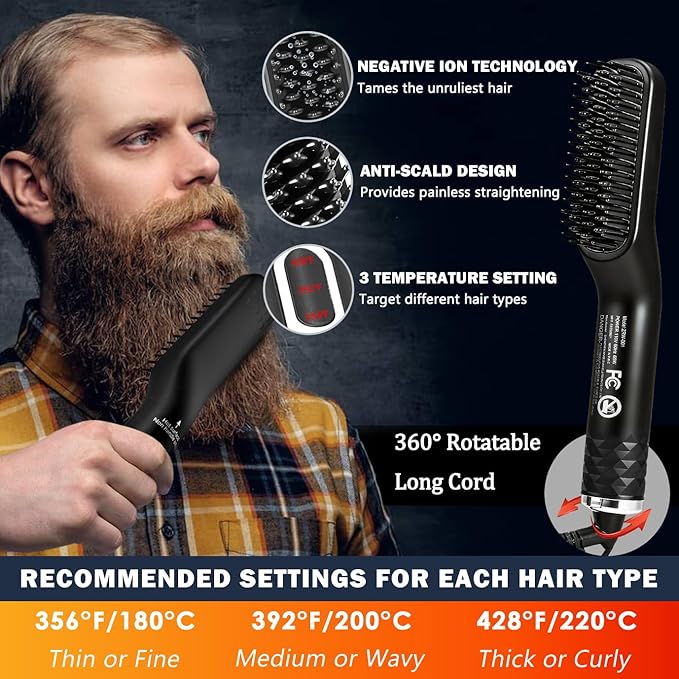 Beard Straightener for Men,Premium Heated Beard Brush Kit w/Dual Voltage Travel-Friendly,Auto Shut-Off,Anti-Scald Feature,Dual Action Hair Comb for All Beard Types,Grooming Gifts Set for Men Him