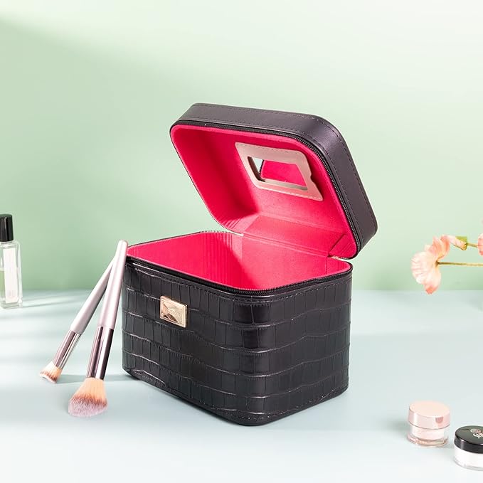 Fashion makeup box, Portable leather hard cosmetic case with mirror, Professional train case make up box for women adults. (Black)