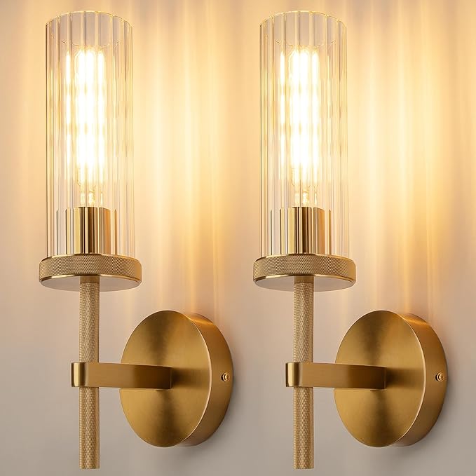 15" Knurled Gold Hardwired Wall Sconces Set of 2, Bathroom Vanity Light Fixtures with Vertical Striped Glass Tube, Modern Lamp Lighting for Bedroom, Living Room, Hallway, Staircase, Mirror, Kitchen