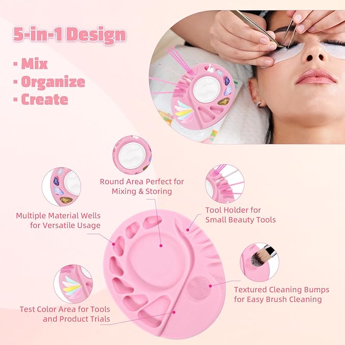 Makeup Palette, 5-In-1 Multifunction Silicone Makeup Mixing Palette with Spatula Artist Tool for Mixing Foundation Nail Art, Eyelash Glue, Cosmetic Makeup Foundation Blending Palette Pink