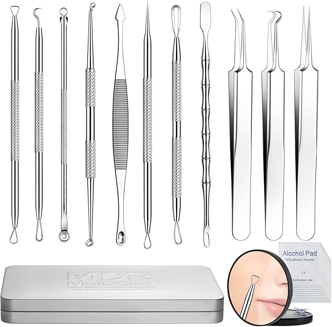 Pimple Popper Tool kit Blackhead Remover Comedone Extractor Kit with Box for Easily Remove blackheads, Acne, Blemishes, Whiteheads, pimples and Papules from the face and Bonus Gift -11pcs