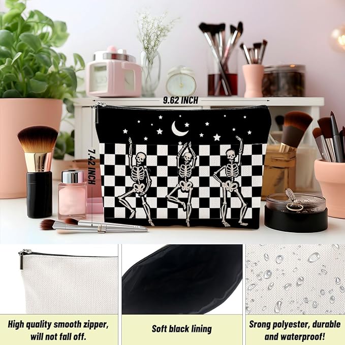 Goth Spooky Gifts for Women, Gothic Horror Skeleton Black Makeup Bag Cosmetic Pouch,Portable Travel Toiletry Bag, Dancing Skeleton Gifts for Women Girls Daughter Sisters Coworker Friends Friendship