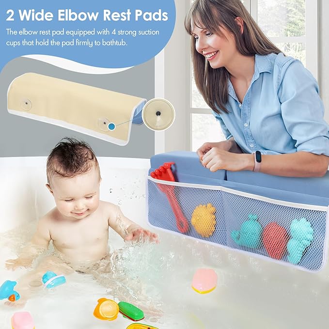 Bath Kneeler and Elbow Rest Pad Set - 2-Inch Thick Comfortable Baby Bath Kneeler Pads, Quick-Dry Non-Slip Bathtub Mat with Toy Organizer for Knee & Arm Support for Baby Bath Time