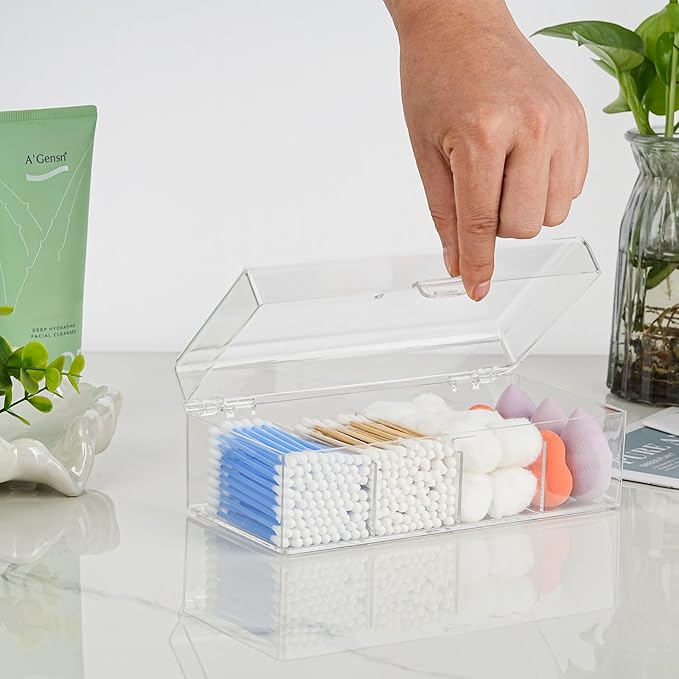 Clear Acrylic Qtip Holder Dispenser with Lid, 4-Compartment Cotton Ball Holder for Cotton Pads, Q-Tips, Makeup Sponges, Transparent athroom Canisters for Bathroom, Bedroom, or Vanity Countertop