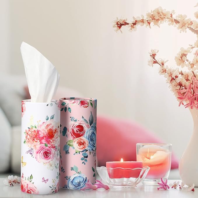 Ctosree 16 Pcs Car Tissue Holder Cylinder Bulk Round Floral Cup Holder Facial Tissues for Travel Refill Car Napkin Box Round Container