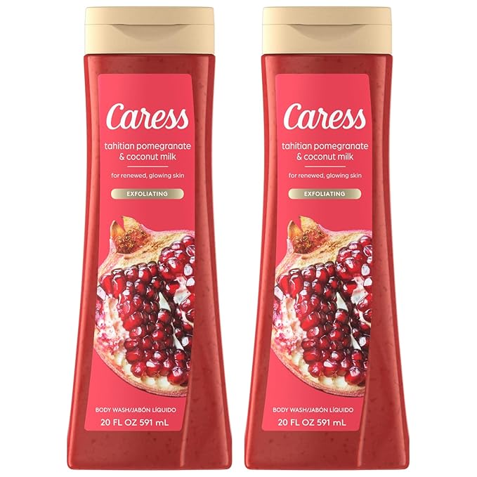 Caress Body Wash, Tahitian Pomegranate & Coconut Milk, Moisturizing Body Wash for Renewed, Glowing Skin, Exfoliating Body Soap Liquid, 20 Fl Oz (Pack of 2)