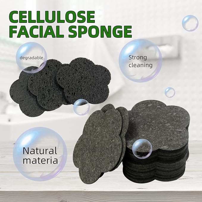100-Count Facial Sponges Compressed Facial Sponges Natural Facial Cleansing Sponges Pads Cute Flower Shape Exfoliating Sponges for Cleansing Reusable,Best Makeup Gift, Black