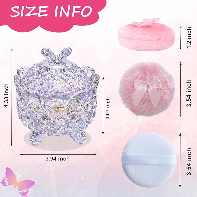 5 Pieces Large Body Powder Puff and Powder Container, Crystal Case for Dust Puff, Powder applicator with Box for Face and Body (Glitter, Butterfly)