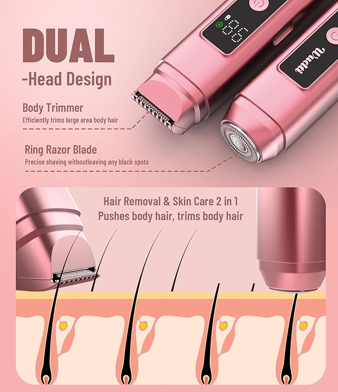Electric Bikini Trimmer for Women: IPX7 Waterproof Dual Head Cordless Electric Shaver for Women with LED Display & 0.5mm Ceramic Blades for Pubic Hair, Face, Legs - Rose Pink