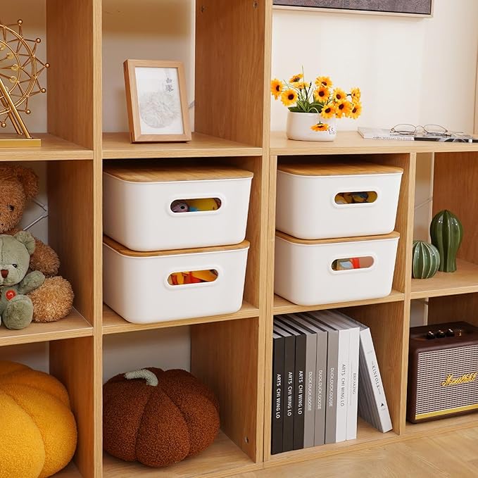 Citylife Storage Bins with Bamboo Lids 13QT Plastic Storage Containers Stackable Organizer Boxes with Handle for Desk Snacks, Toys, 2 PCS, 14" L x 10.6" W x 6.18" H