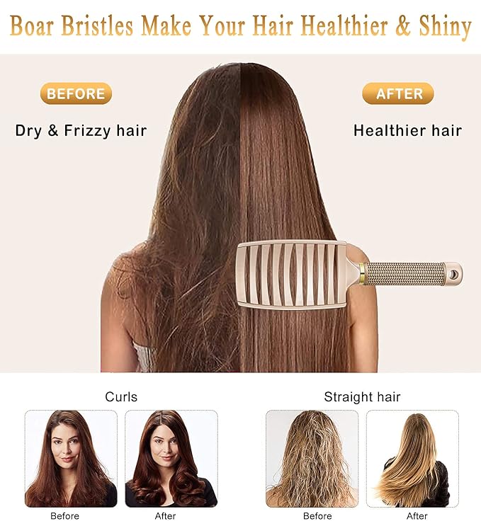 KTKUDY Detangling Brush Getting Knots Out without Pain - Boar & Nylon Bristles Hairbrush Make Hair Shiny & Healthier Vented Detangler Brush for Women Men Kids Wet and Dry Hair (Gold)