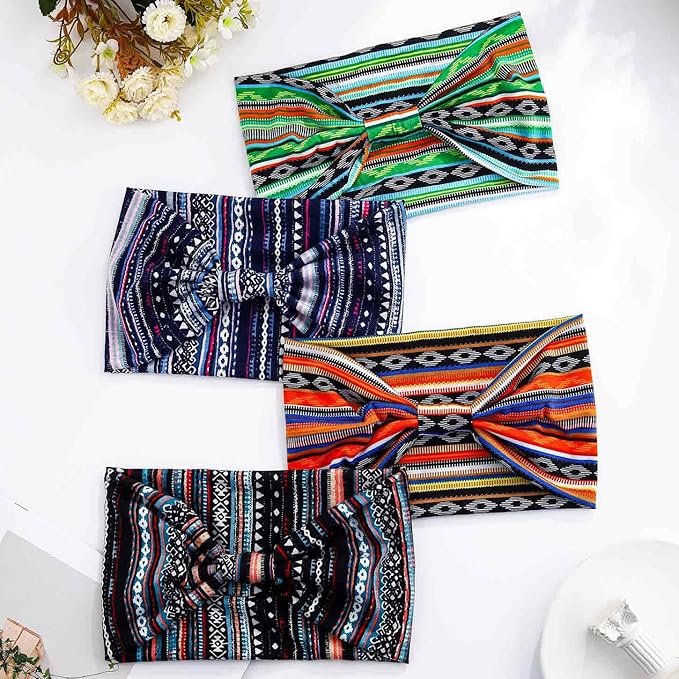 Olbye Wide Boho Headbands Floral Stretch Head Wraps Bohemian African Turban Hairbands Knotted Bandana Headband Yoga Running Head Scarfs Workout Hair Accessories for Women 4Pcs (Stylish, 9.4 * 5.9'')