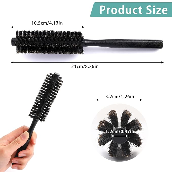 Mozeat Lens Boar Bristle Round Hair Brush, Hair Brush for Women & Men's Short Fine Hair, Beard, Natural Wooden Handle, Travel Size, 21cm(8.26in), Black