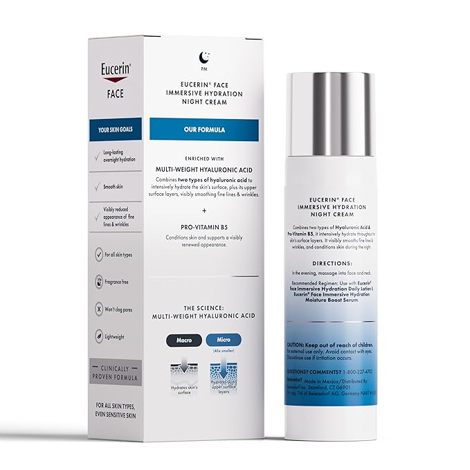 Eucerin Face Immersive Hydration Night Cream with Hyaluronic Acid and Provitamin B5,Ultra-Lightweight Face Moisturizer Smooths Fines Lines and Wrinkles,2.5 Oz Bottle,(Pack of 2)