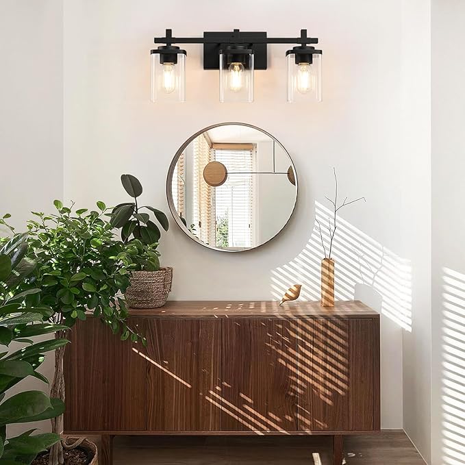 3-Lights Bathroom Vanity Light Fixtures, Modern Black Vanity Lights Over Mirror with Clear Glass Shade for Bathroom, Wall Mounted Lamp for Bedroom Hallway Living Room