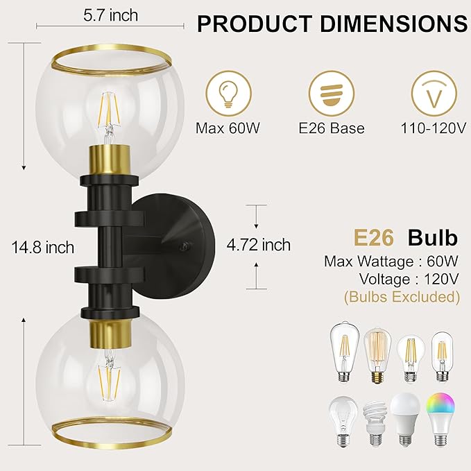Modern Bathroom Light Fixtures,2-Light Vanity Lights Set of 2, Hardwired Sconces Wall Decor Set of 2, Modern Bathroom Wall sconces for Vanity Mirror Living Room Hallway