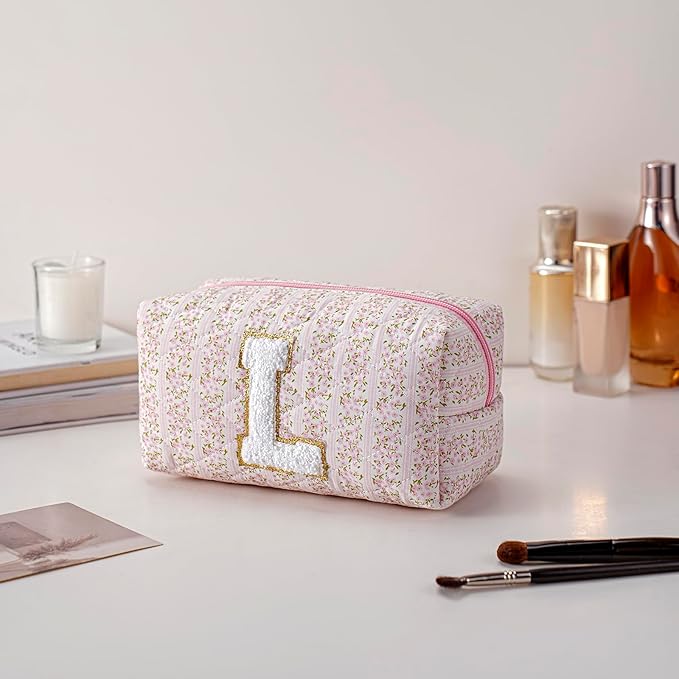 JOVAKIT Alphabet Makeup Bag Cosmetic Bag for Women, Christmas Gifts for Girls Age 6-18, Floral Flowers Coquette Travel Toiletry Zipper Make Up Pouch Organizer Trendy Stuff (Pink Floral L)