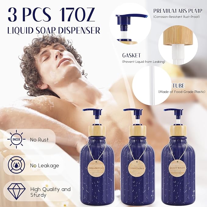 Navy Blue Bathroom Accessories Set 17PCS Bathroom Set with Trash Can 3PCS Lotion Soap Dispenser, Toothbrush Holder,6PCS Wood Tags Bath Accessories with Tray for Kitchen Bathroom