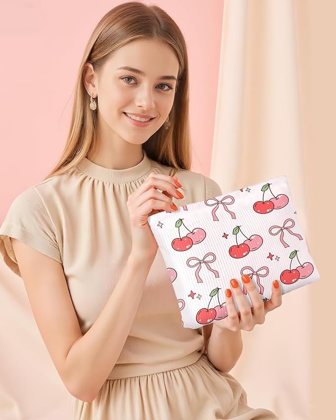 Red Bow Pink Cherry Makeup Pouch for Women Small Make Up Cherries Pattern Bag for Purse Zipper Initial Makeup Cosmetic Bags Pouches for Purse Aesthetic Travel Toiletry Bags Gift