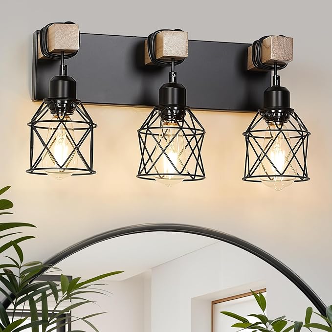 3-Light Farmhouse Bathroom Vanity Light with Wood & Matte Black Metal, Wall Sconce for Mirror, Bedroom, Hallway