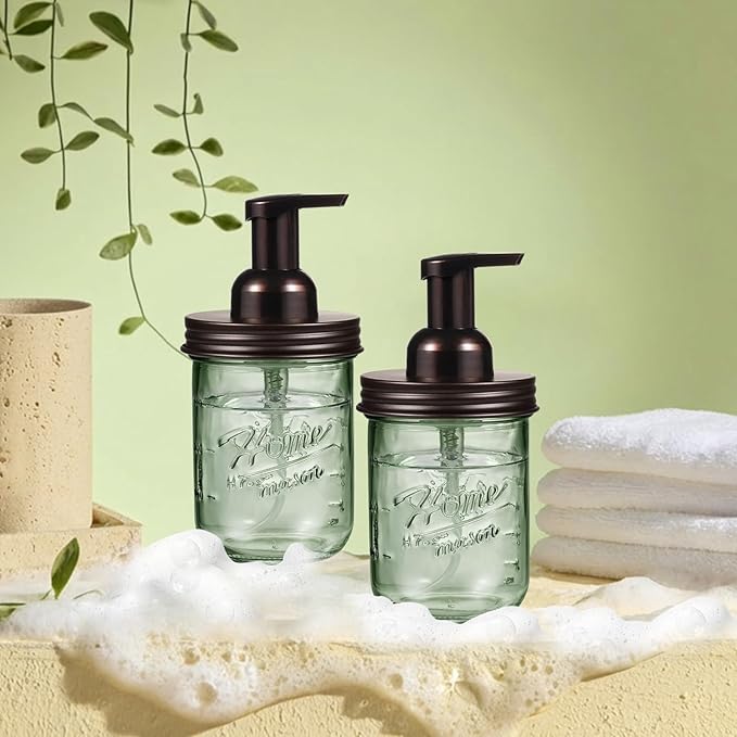SheeChung Mason Jar Foaming Soap Dispenser, Stainless Steel Lid, BPA Free Pump, Green Glass Foam Hand Soap Dispenser, 16 Oz Refillable Liquid Foam Dispenser Bottle for Bathroom Kitchen-Bronze, 2 Pack