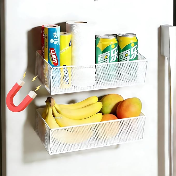 Magnetic Basket Organizer Holder for Fridge，Magnetic Shelf for Washing Machine， Magnetic Mesh Basket, White Rectangular Steel Shelf Organizer, 10.43 x 4.92 x 3.15 Inches (White, 1 pack)