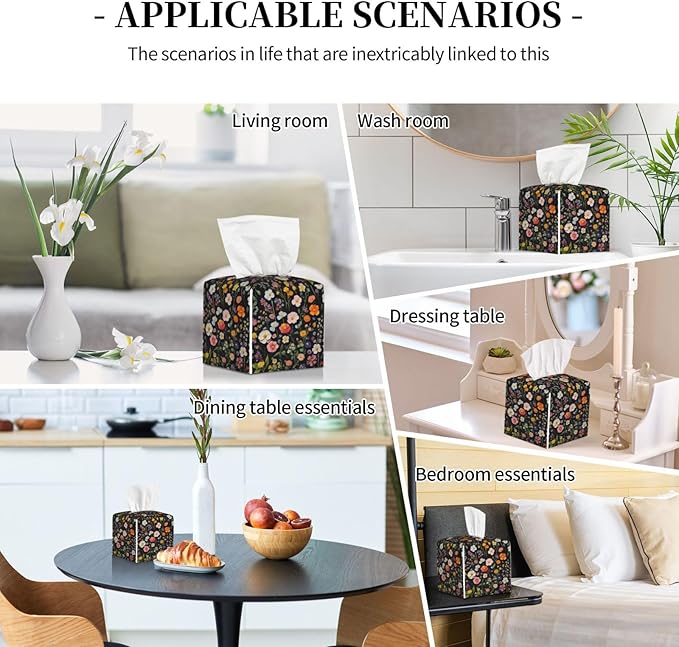 Spring Florals Herbs Tissue Box Cover Vintage Flowers Square Leather Tissue Holder Decorative Facial Tissue Cube Paper Cover Case Organizer for Bathroom Night Stands Desk Tabletop Home