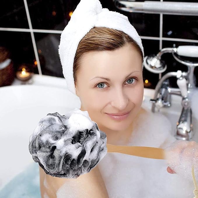 Black Loofah with Handle - Back Scrubber & Exfoliating Shower Sponge, PE Soft Mesh on a Wooden Stick for Men and Women