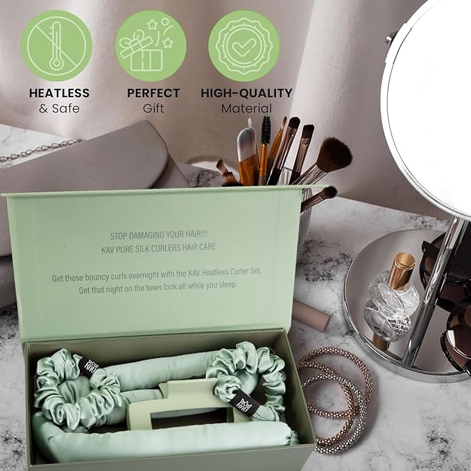 KAV 100% Mulberry Silk Heatless Curling Rod Headband Set with Clip & Scrunchies – Overnight Heatless Hair Curler for Women, No Heat Damage, Soft Hair Roller for Natural Curls & Waves