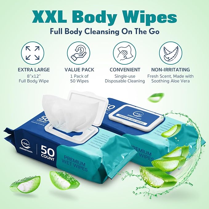 Body Wipes for Adults - XL Wet Wipes 8" x 12" (50 count) | Rinse Free Bathing Wipes - Wash Cloths for incontinence, Disposable Washcloths with Aloe Vera and Vitamin E - Camping, Elderly, Bathing