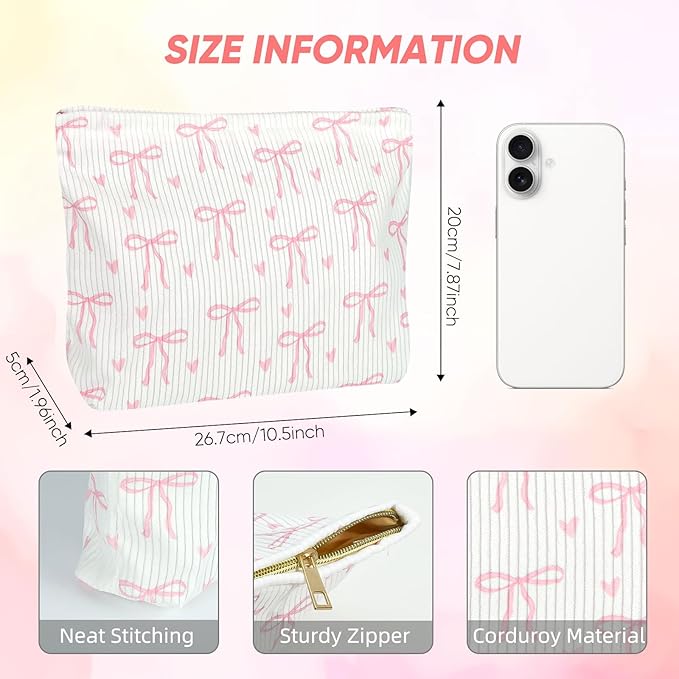 Cute Makeup Pouch for Women Bows Hearts Small Make Up Bag for Purse Zipper Initial Cosmetic Bags Pouches for Purse Aesthetic Travel Toiletrybags,Pink Bow Heart