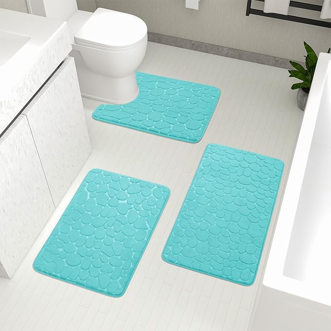 YIHOUSE Bathroom Rugs Mat Set 3 Piece Teal, Memory Foam Bath Mats Sets, Non Slip Water Absorbent Washable Bath Rugs for Sink, Toilet and Floor