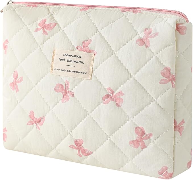 uekeboag Quilted Cotton Makeup Bag,Coquette Quilted Toiletry Bag for Women and Girls,Floral Coquette Pouch,Cute Kawaii Travel Cosmetic Bags(06Little Pink Bow)