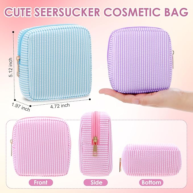 Sanwuta 6 Pcs Seersucker Cosmetic Bag Bulk Pinstripe Makeup Bag for Women Aesthetic Cute Travel Toiletry Organizer Preppy Storage Pouch for Wedding Bridesmaid Christmas Gift(Small,Pastel Color)