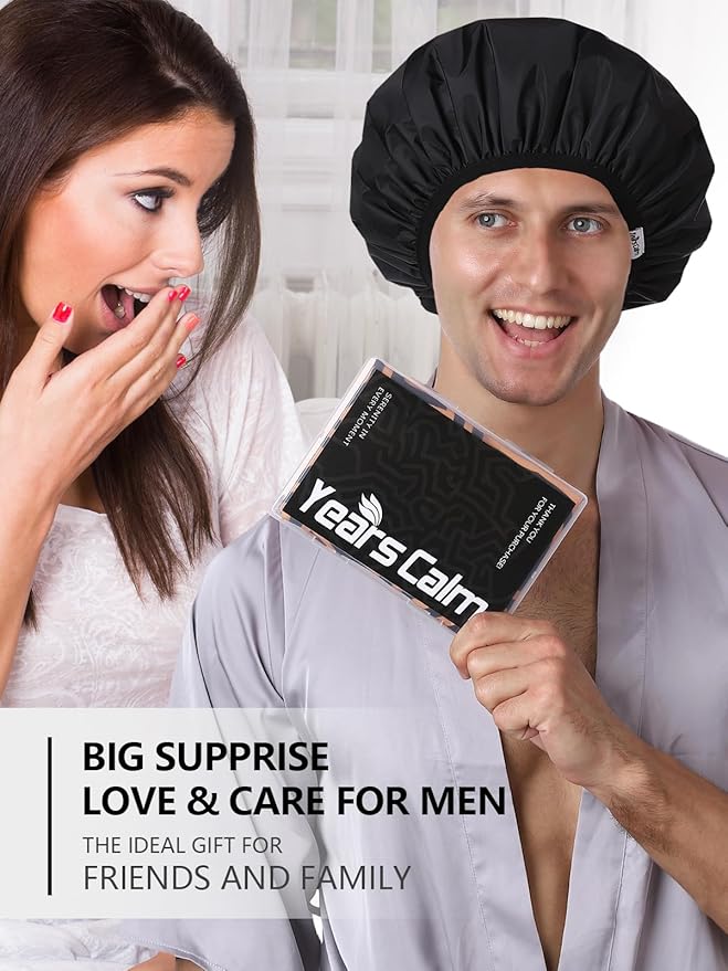 Years calm Men Shower Cap Reusable Waterproof, Dual-Layer Design, Double-Sided Use,Protects Hair in Shower, Spa, Travel & Cooking, Adjustable Elastic for Comfortable Fit (Black Plaid, One Size)