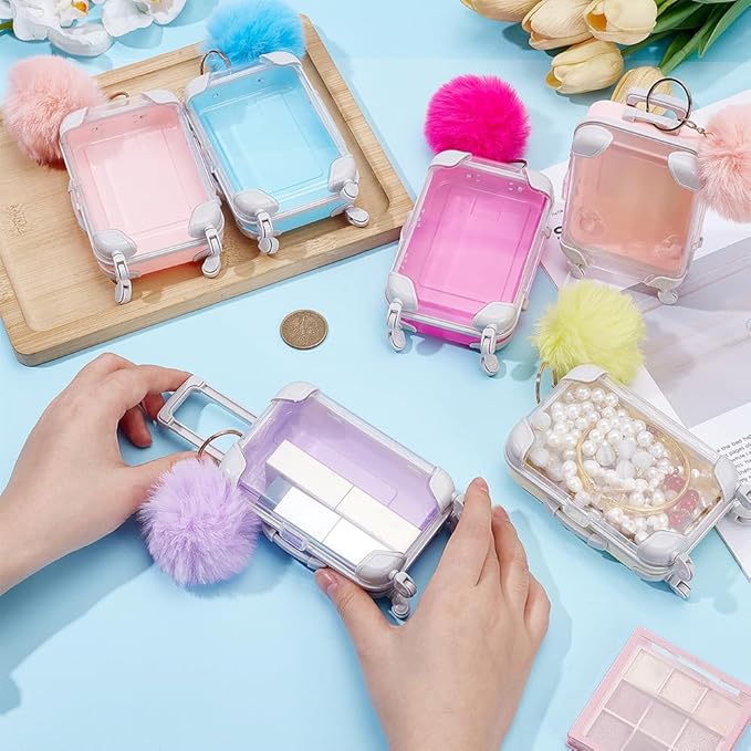 6Pcs Mini Suitcase Box Empty Candy Boxes Small Tiny Plastic Cosmetic Luggage Colorful Plush Fur Ball Keychain Reusable Gift Holder Storage Case for Eyelashes Candy Makeup False Lash Travel