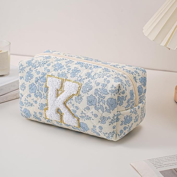 JOVAKIT Alphabet Makeup Bag Cosmetic Bag for Women, Christmas Gifts for Girls Age 6-18, Floral Flowers Coquette Travel Toiletry Zipper Make Up Pouch Organizer Trendy Stuff (Blue Floral K)