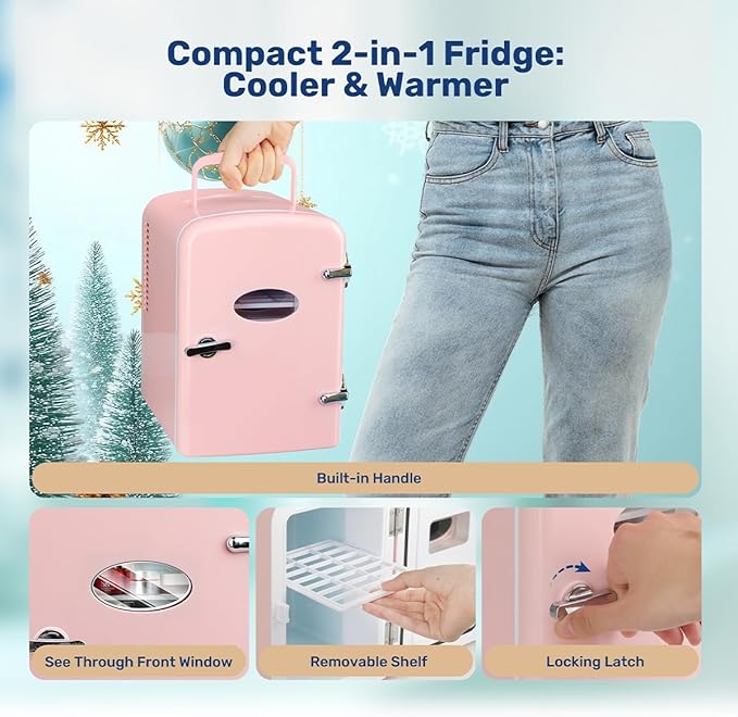 HealSmart 4L Mini Fridge with Observation Window, 6 Can Capacity, Freon-Free and Portable Cooler and Warmer, Cosmetics/Food/Beverage, Pink