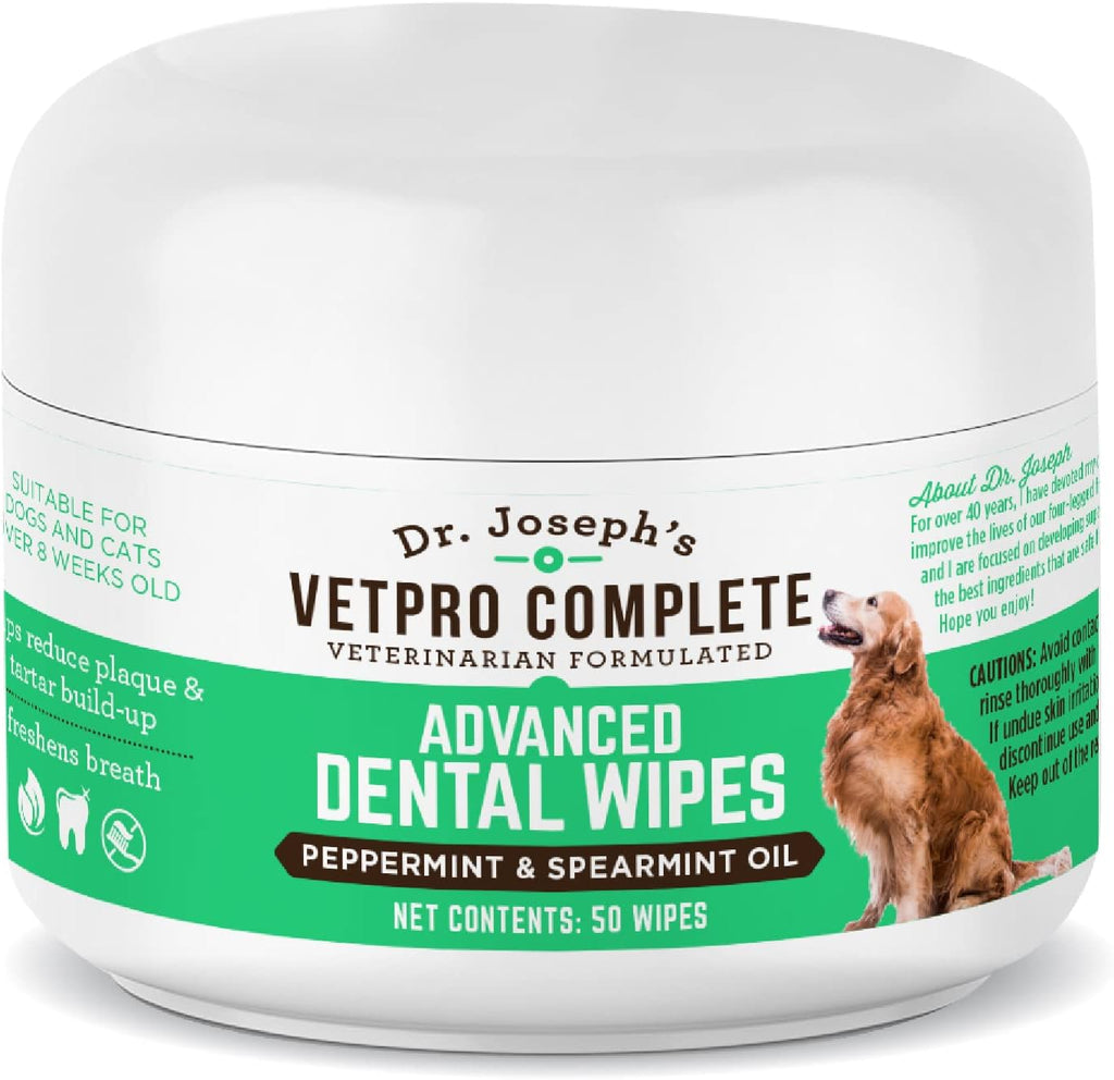 VetPro Complete Dr. Joseph's Advanced Dog Dental Wipes, 50 Count, Easy Teeth Cleaner for Dogs and Cats with Peppermint and Spearmint, Freshens Breath, Reduces Tartar