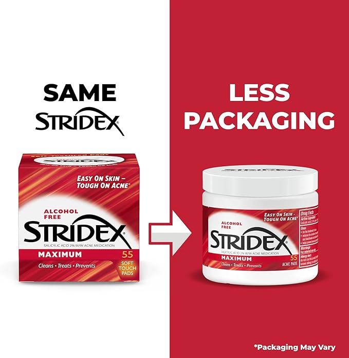 Stridex Medicated Acne Pads, Maximum, 55 Count – Facial Cleansing Wipes, Alcohol Free, Acne Treatment for Face, For Moderate Acne, Smooth Application