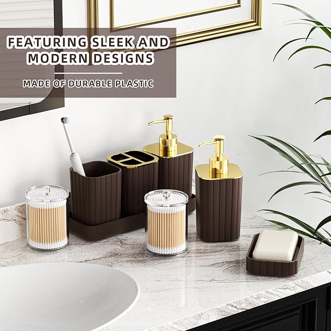 Bathroom Accessories Set - 25PC Brown Bathroom Sets with Shower Curtain and Rugs, Bathroom Accessory Set, Brown Shower Curtain Set, Trash Can, Qtip Holder Dispenser & Soap Dispenser