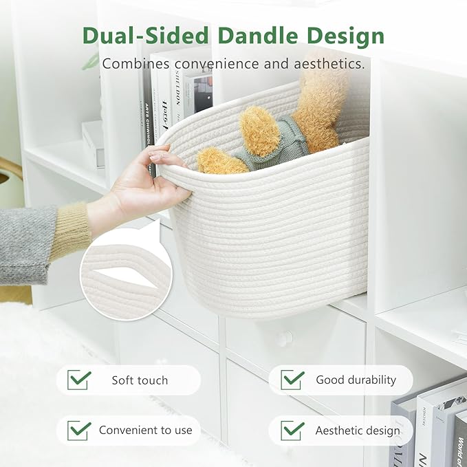 Cotton Rope Storage Basket, 15x10x9 Inches, Woven Basket for Shelves, Clothes, Towels, Books, and Laundry, White (3 Pack)
