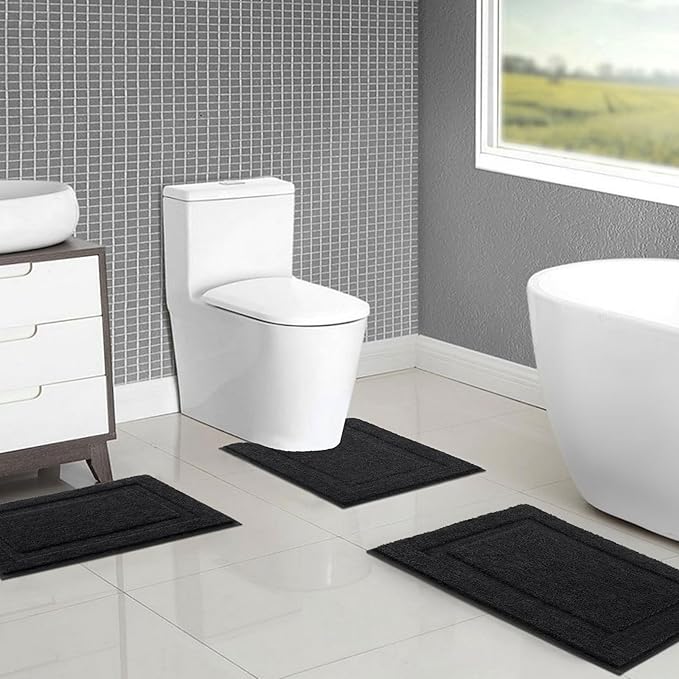 SHACOS Black Bathroom Rugs Sets 3 Piece, 16"x24" + 20"x32" Non Slip Bath Mat and 20"x24" Toilet Rugs U Shaped Washable, Soft Fluffy Water Absorbent Bath Rugs for Bathroom